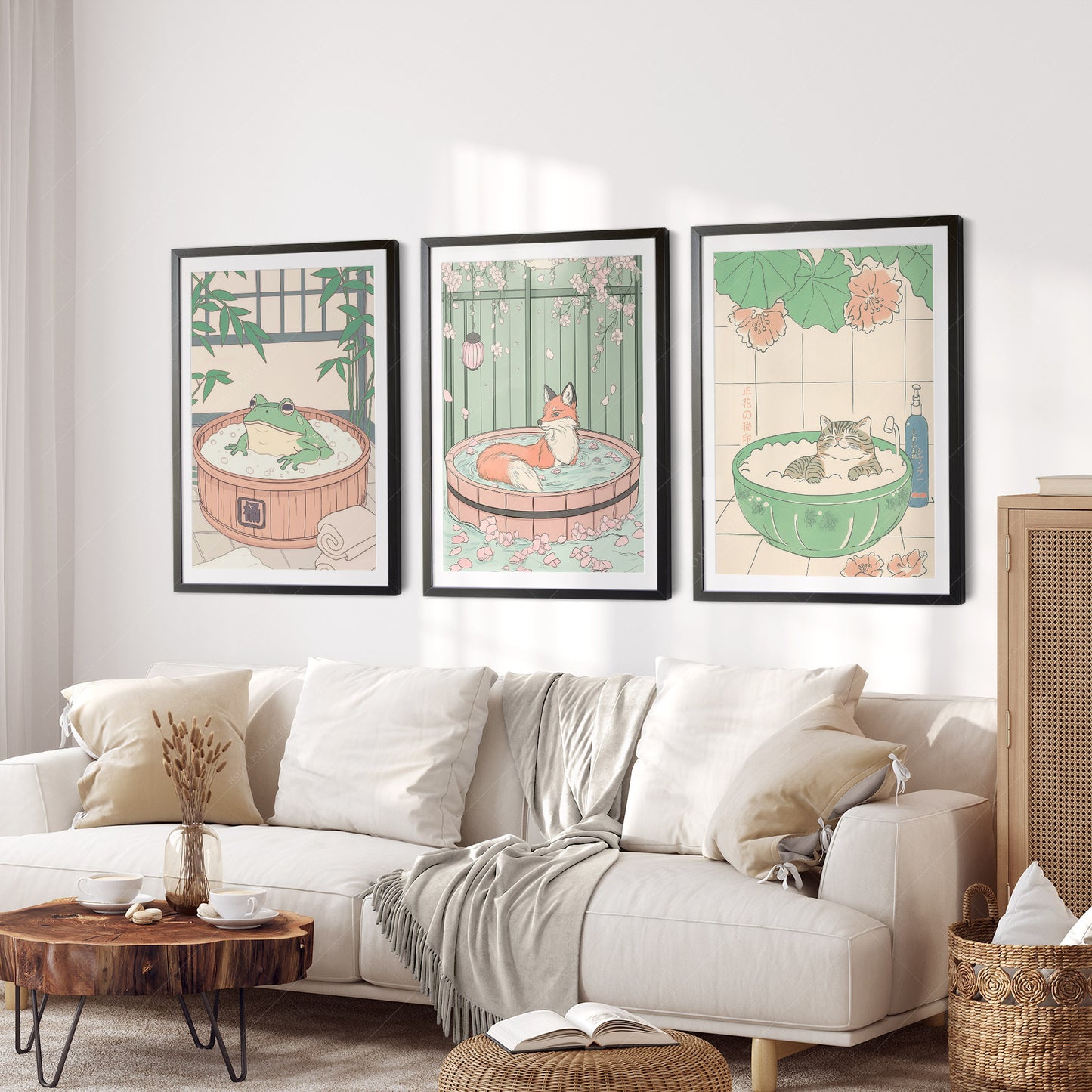 Set of Three Japandi Prints – Cat, Fox, and Frog in Spa