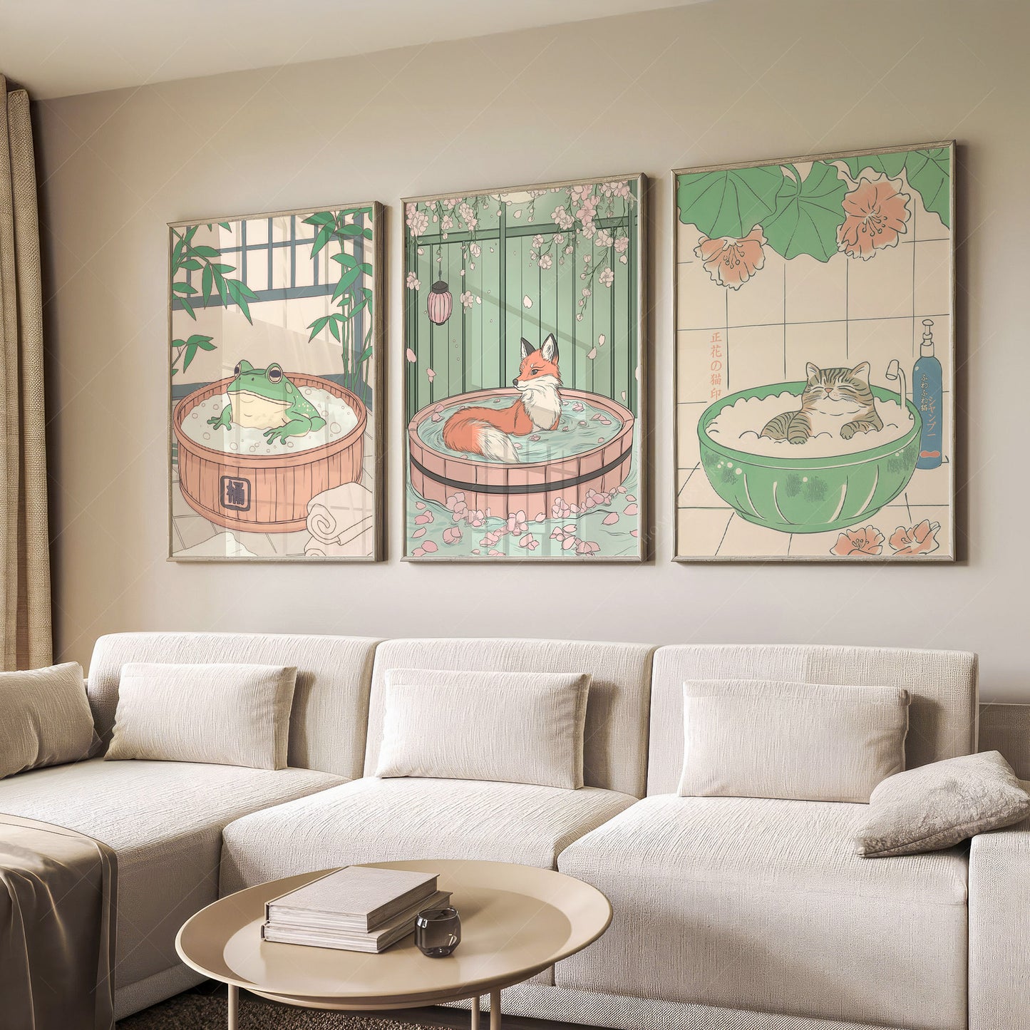 Set of Three Japandi Prints – Cat, Fox, and Frog in Spa