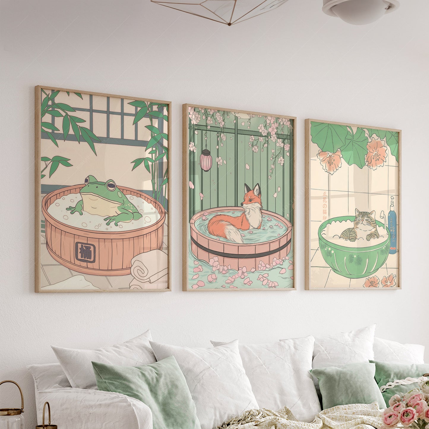 Set of Three Japandi Prints – Cat, Fox, and Frog in Spa