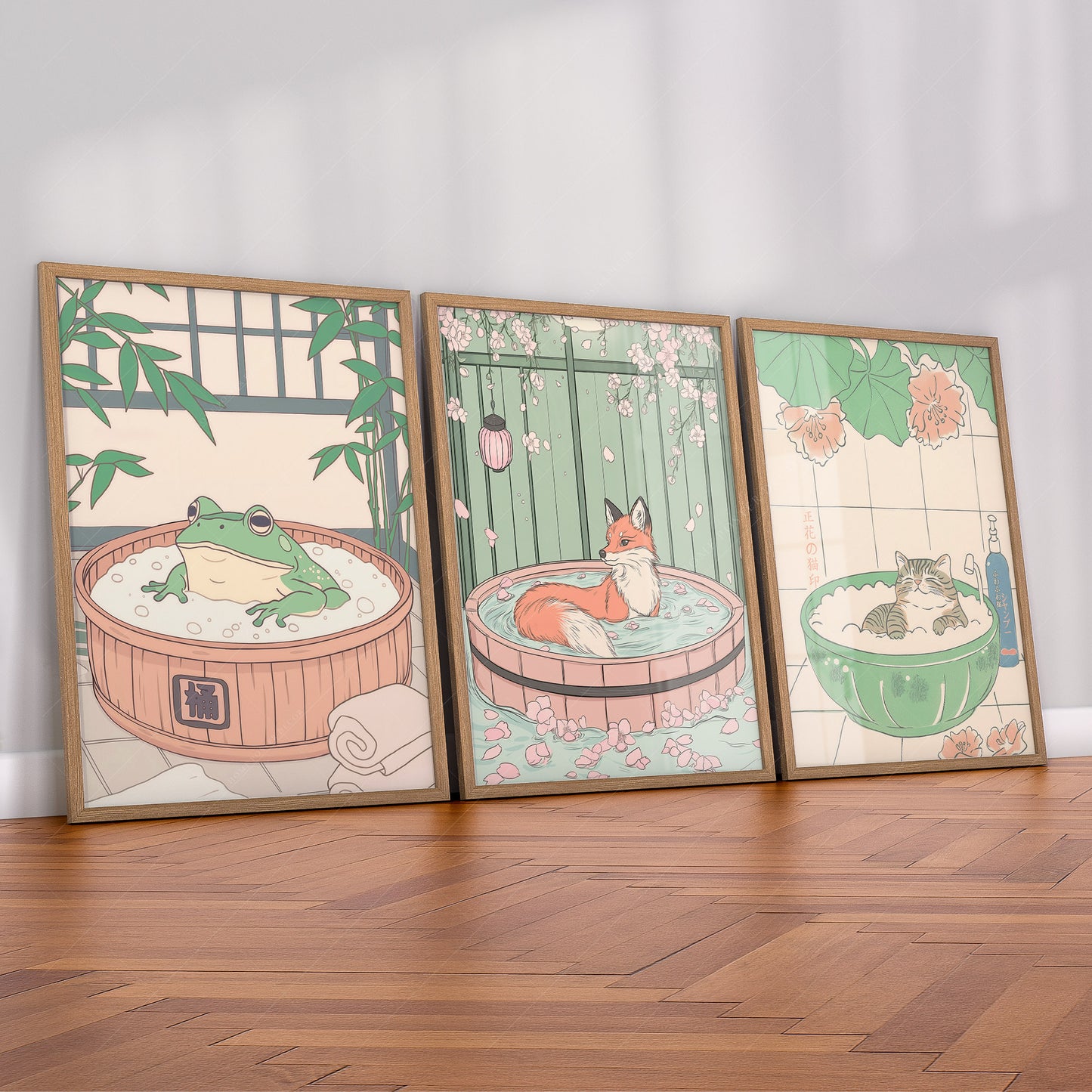 Set of Three Japandi Prints – Cat, Fox, and Frog in Spa