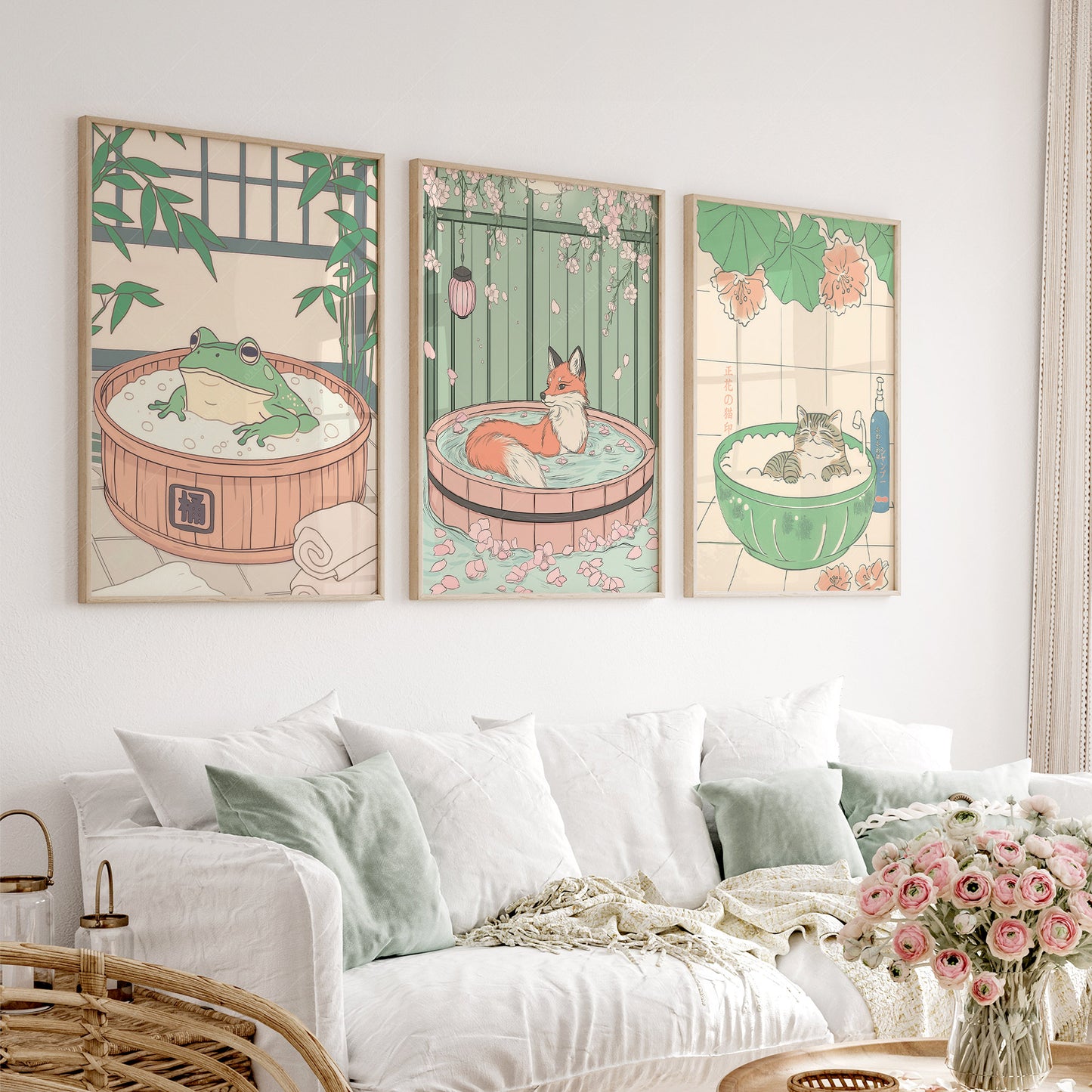 Set of Three Japandi Prints – Cat, Fox, and Frog in Spa