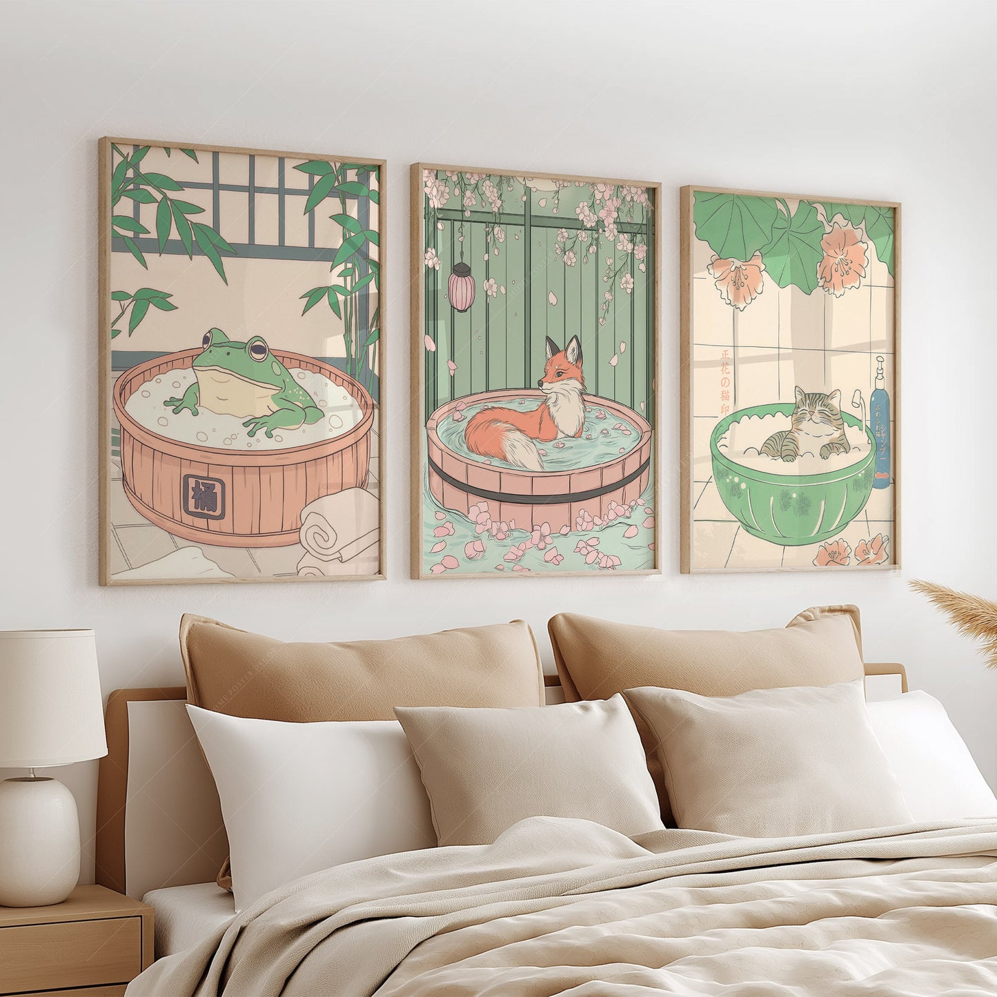 Set of Three Japandi Prints – Cat, Fox, and Frog in Spa