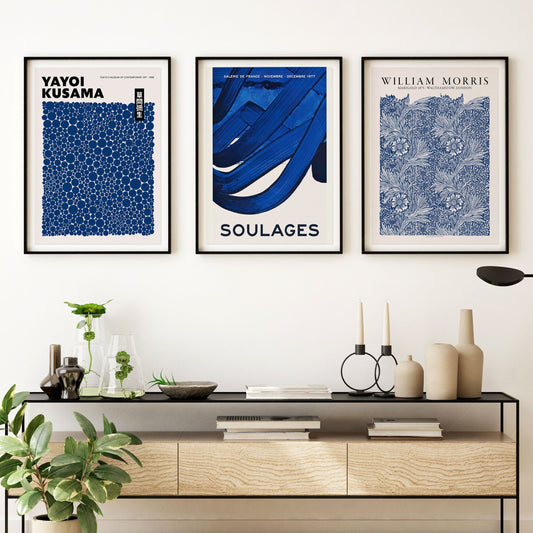 Home Poster Decor Single Set of 3 Prints, Indigo Blue Wall Art, William Morris, Yayoi Kusama, Pierre Soulages,  Abstract Gallery Wall