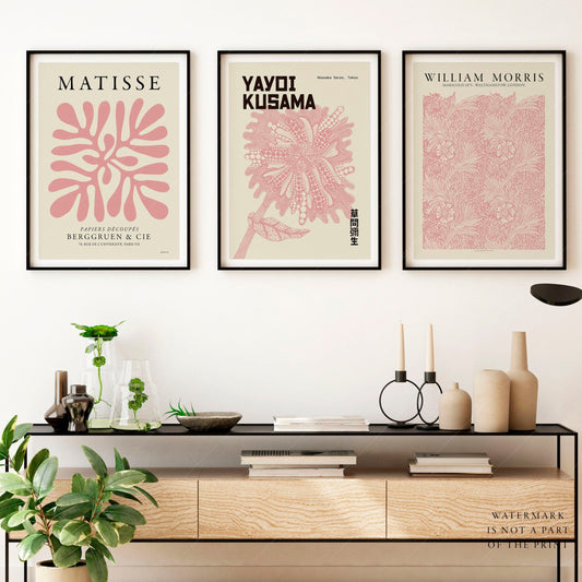 Home Poster Decor Set of 3 Prints, Pink Gallery Wall, Henri Matisse, Marigold by William Morris, Flower by Yayoi Kusama