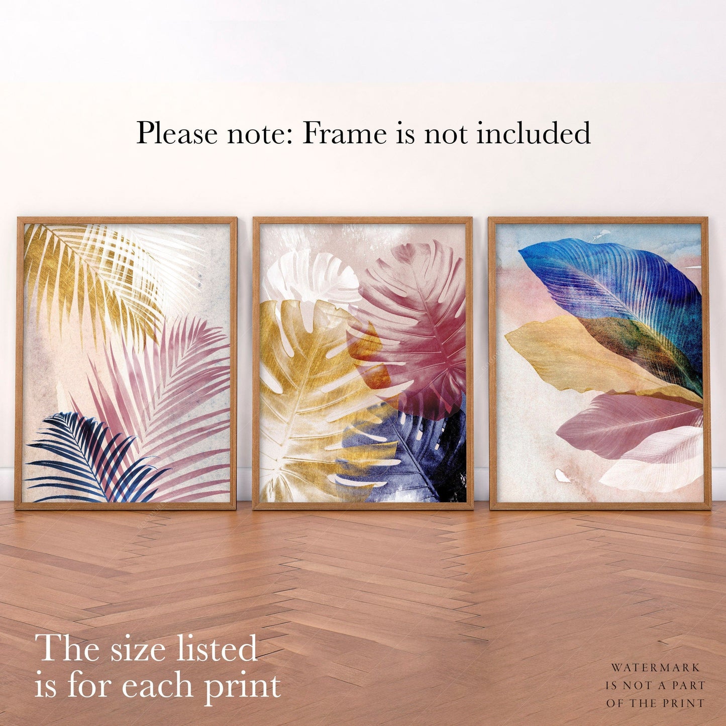 Home Poster Decor Set of 3 Wall Art, Botanical Prints, Navy Blue Leaf, Blush Pink Decor, Abstract Watercolor, Tropical Poster, Plant Prints, Up to 44x66"