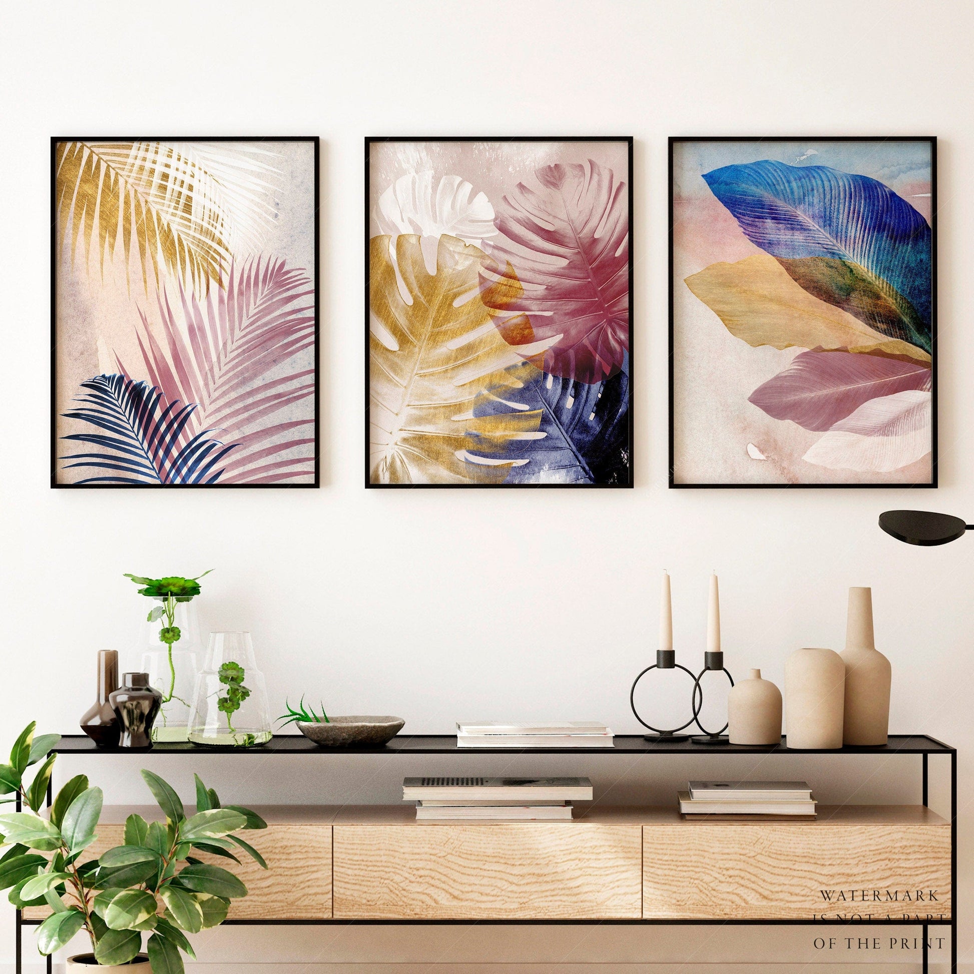 Home Poster Decor Set of 3 Wall Art, Botanical Prints, Navy Blue Leaf, Blush Pink Decor, Abstract Watercolor, Tropical Poster, Plant Prints, Up to 44x66"