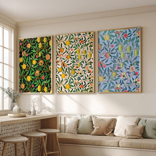 William Morris Fruit Pomegranate set of 3 wall art prints featuring botanical patterns in black cream and blue.
