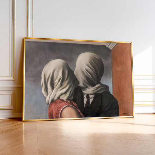 René Magritte The Lovers surrealist art print showing two figures kissing with cloth-covered faces.
