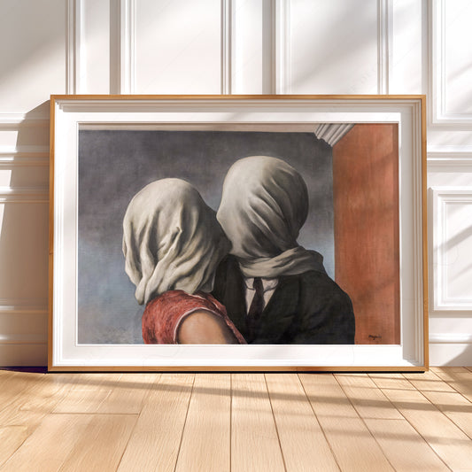 René Magritte The Lovers wall art print displayed in a bright modern living room