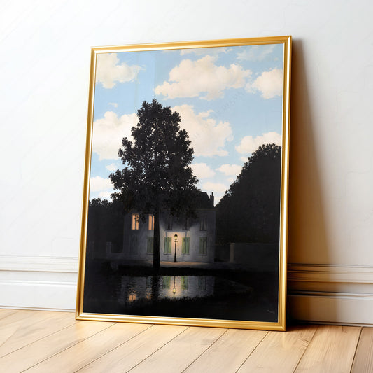 René Magritte Empire of Light surrealist wall art print featuring a dark house beneath a bright daytime sky.