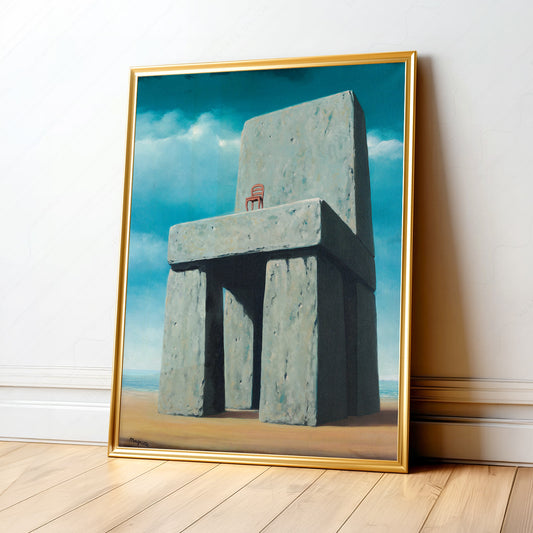 René Magritte The Legend of the Centuries surrealist art print with stone chair and tiny red chair against blue sky.