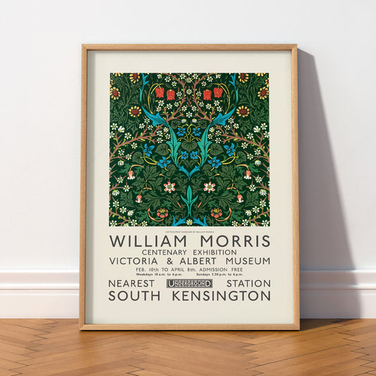 William Morris Blackthorn art print featuring red tulips and intricate botanical patterns from the V&A exhibition poster.