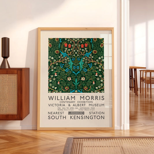 William Morris Blackthorn wall art print displayed in a bright modern living room