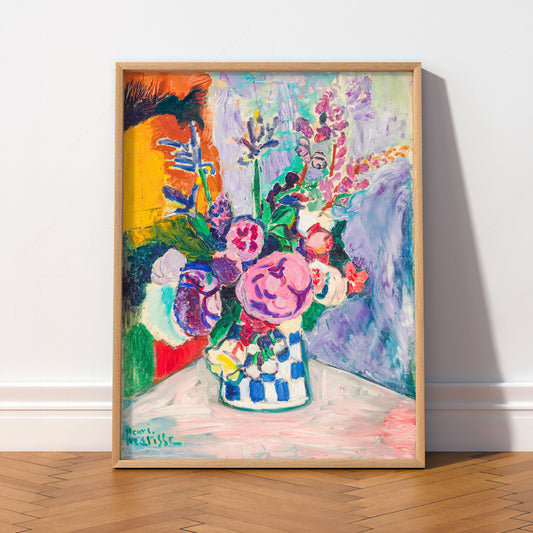 Henri Matisse Les Pivoines floral art print featuring colorful peonies and irises in a checkered vase.