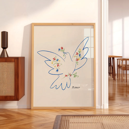 Pablo Picasso Dove of Peace 1949 wall art print displayed in a bright modern living room