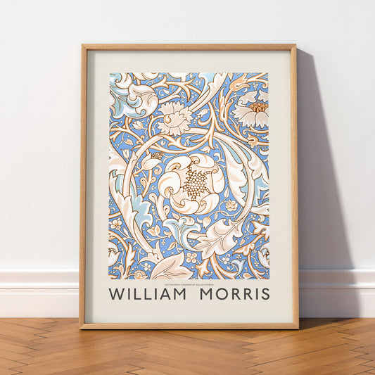 William Morris cotton print wall art poster with blue floral acanthus leaf pattern in Arts and Crafts style.