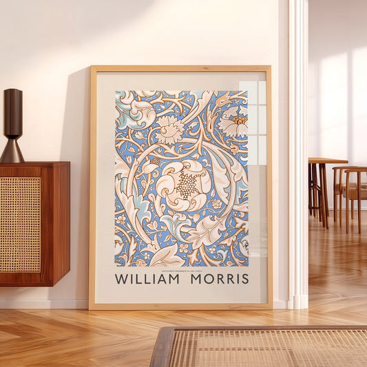 William Morris Cotton Print Art wall art print displayed in a bright modern living room