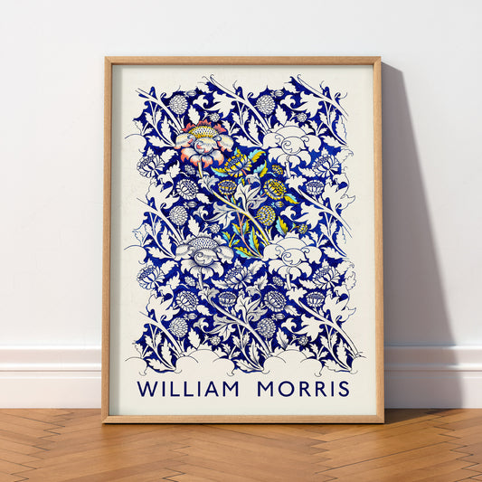 William Morris Wey art print featuring intricate indigo and white botanical florals in Art Nouveau style.