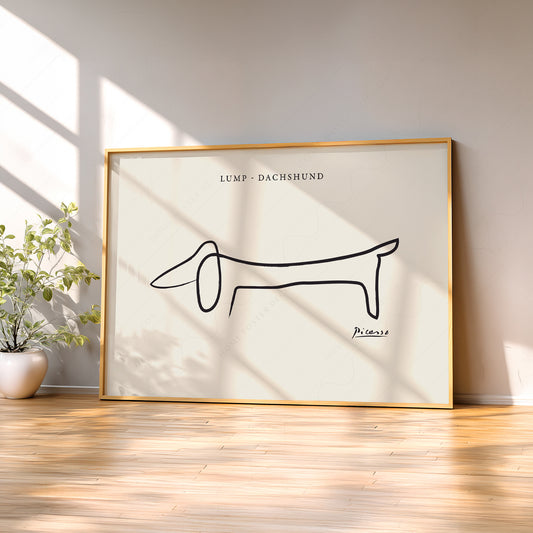 Pablo Picasso Lump dachshund line drawing art print featuring minimalist single-line dog illustration on cream background.