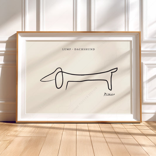 Pablo Picasso Lump Dachshund Line wall art print displayed in a bright modern living room