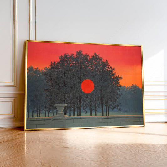René Magritte The Banquet surrealist art print featuring a red sun among dark silhouetted trees against a crimson sky.