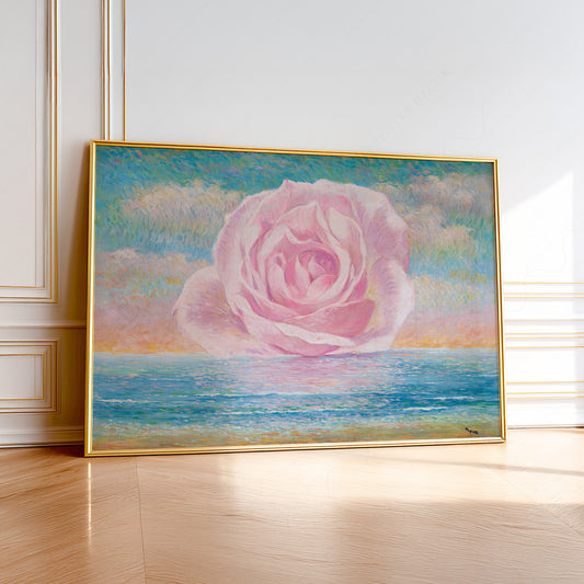 René Magritte L'invitation au voyage surrealist art print featuring a pink rose floating over a calm ocean at sunset.