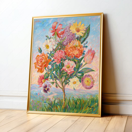 René Magritte La Préméditation surrealist art print featuring a colorful flowering tree with roses and daisies.