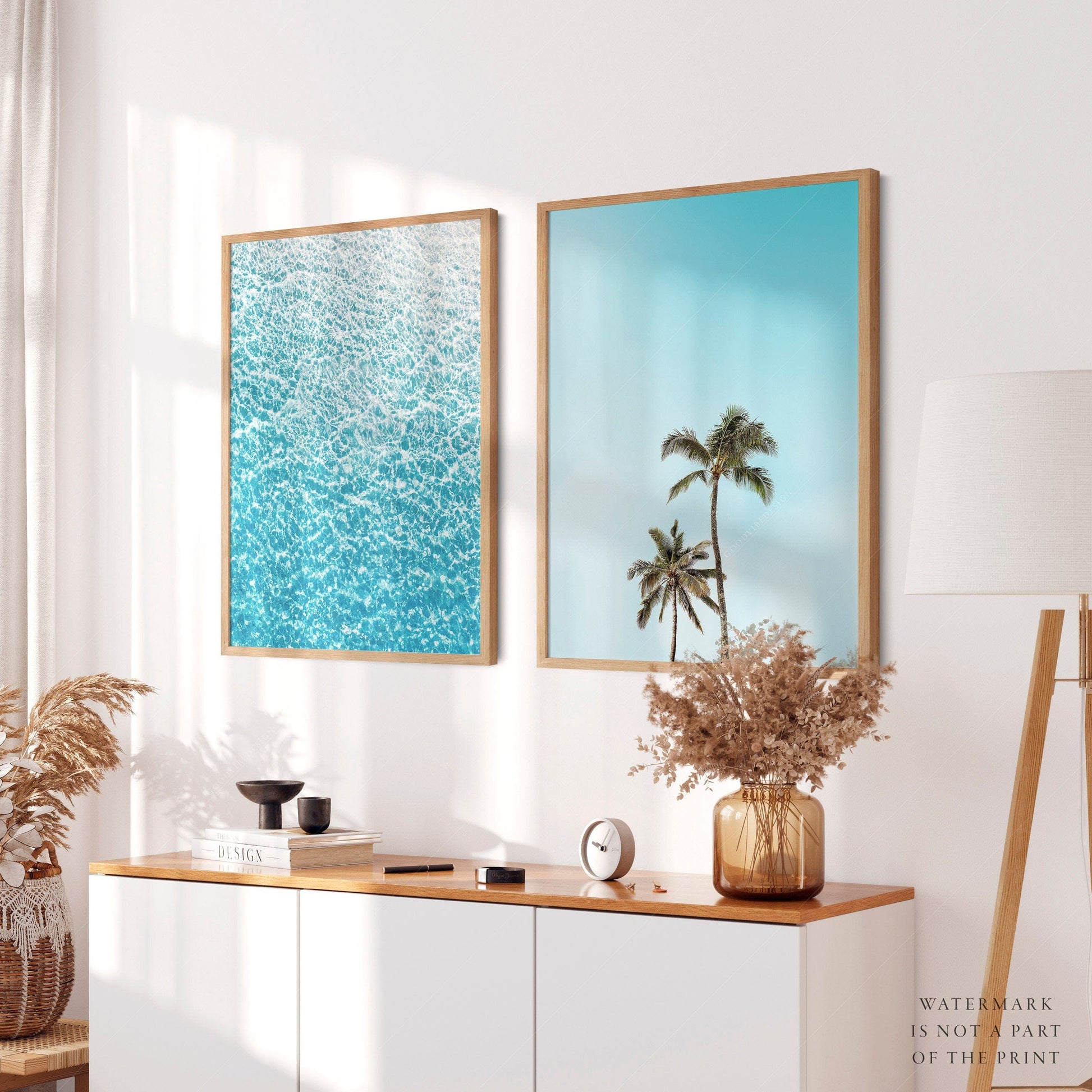 Home Poster Decor Set of 2 Stunning Blue Sky and Water Wall Art Print, Ocean Print, Tropical Palm Tree, Malibu Beach, Boho Decor, Beach Photo, Blue Wall Art, Set of 2