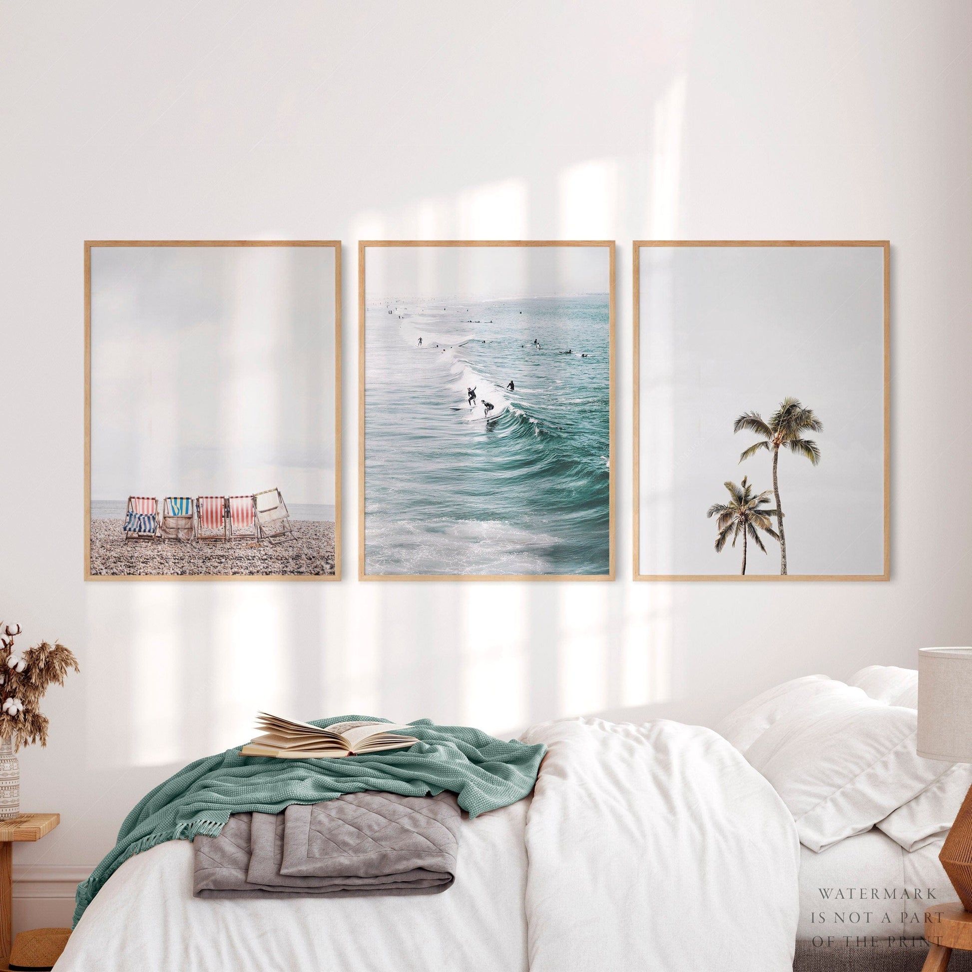 Home Poster Decor Surf Wave Print, Palm Tree, Beach Wall Art, Set of 3, California Vibe, Sea Water, Ocean Photo, Summer, Chairs Sand, High Quality Prints 17
