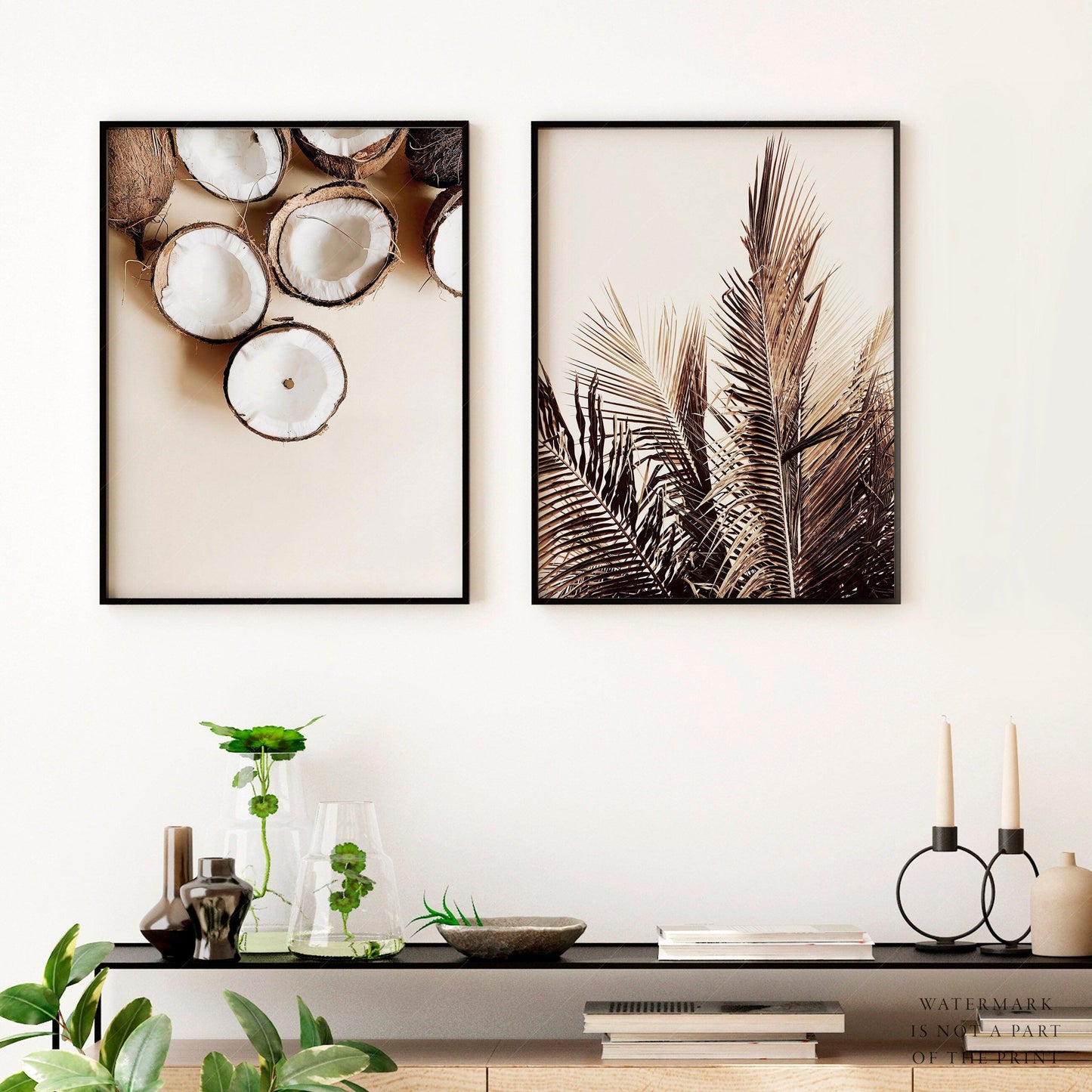 Home Poster Decor Set of 2 Tropical Print, Summer Wall Decor, Coconut Tree, Palm Leaf, Neutral Wall Decor, Beige Earth Tones, Set of 2, Above Sofa, Kitchen Dine Room