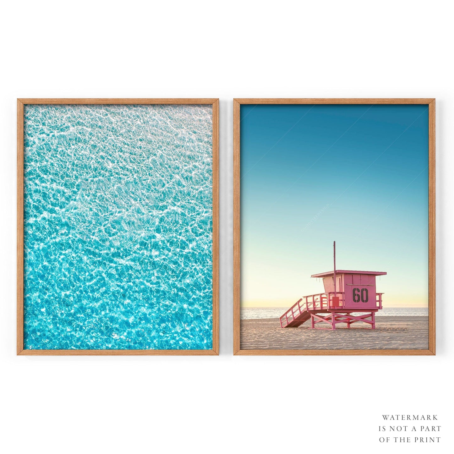 Home Poster Decor Set of 2 Turquoise Sea Water, Lifeguard Pink Tower, Coastal Set of 2, Beach Wall Art, Ocean Photo, Modern Beach Print, Maldives Photo, Christmas Gift