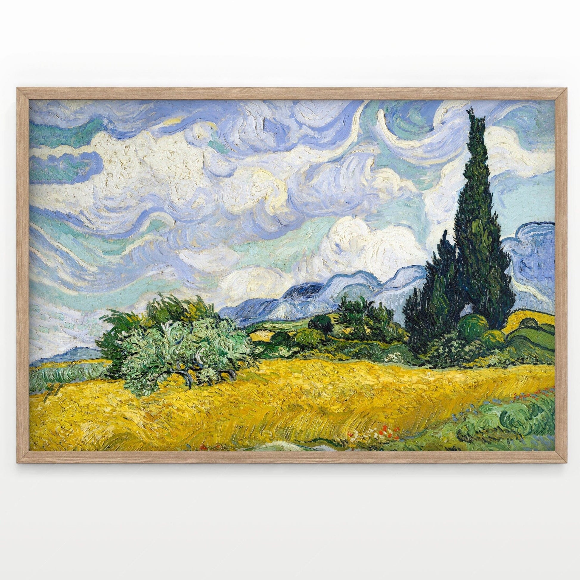 Home Poster Decor Vincent Van Gogh, Wheat Fields with Cypresses, Nature Landscape, Blue Cloud Art, Oil Country Painting, Gift for him, Mountain Wall Art