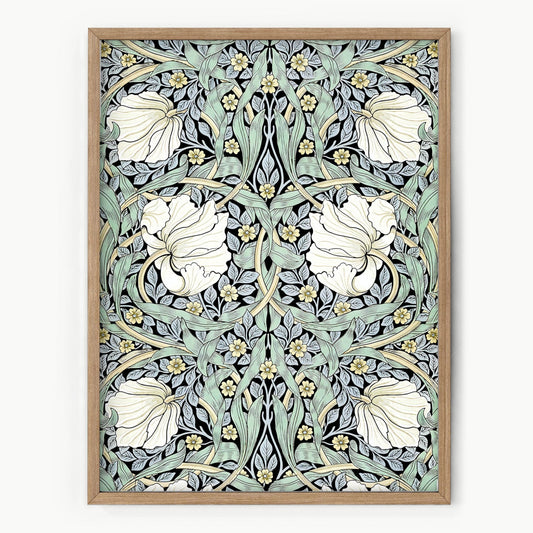 William Morris, Pimpernel Print, Green and White Floral Trellis pattern