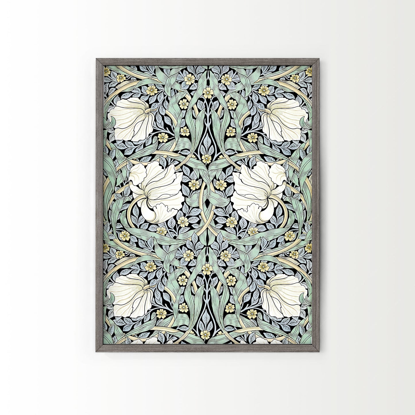 William Morris, Pimpernel Print, Green and White Floral Trellis pattern