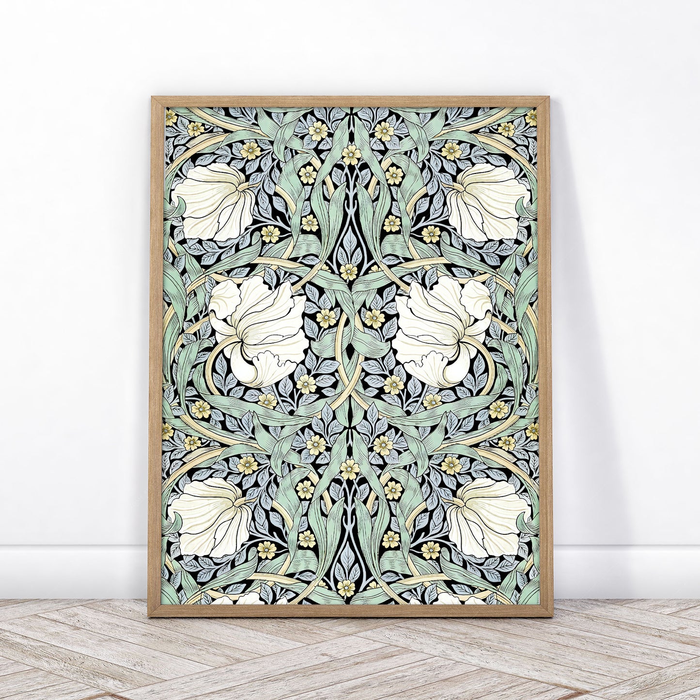 William Morris, Pimpernel Print, Green and White Floral Trellis pattern