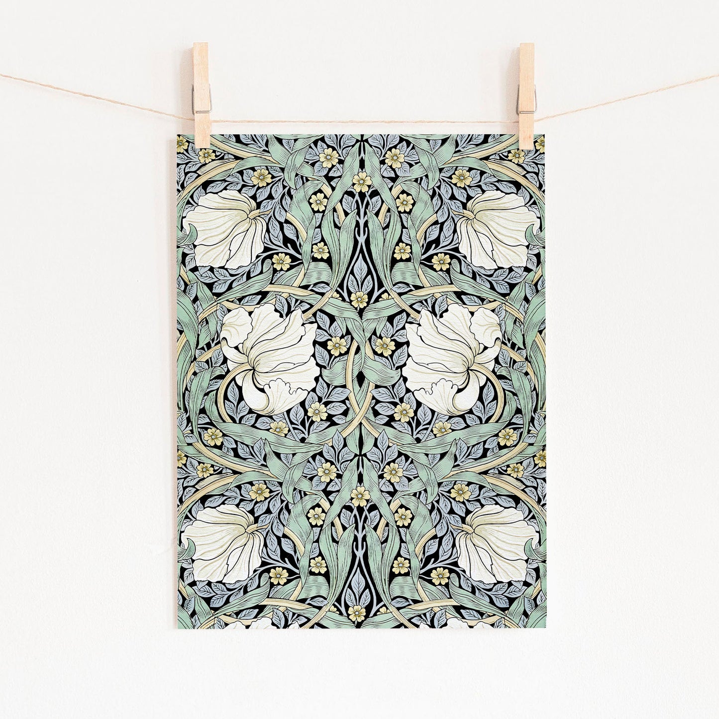 William Morris, Pimpernel Print, Green and White Floral Trellis pattern