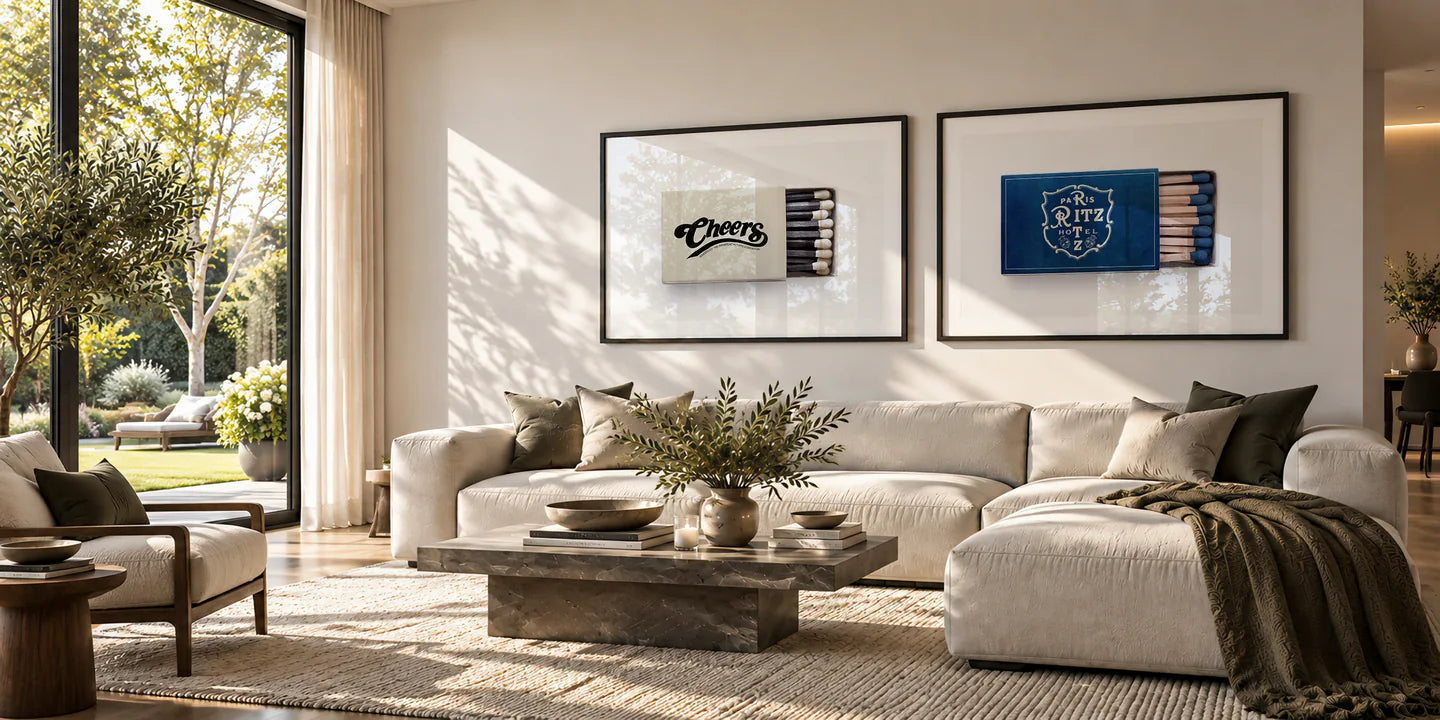 Two framed matchbox photographs, Cheers and Paris Ritz, above a sofa in a sunlit living room.