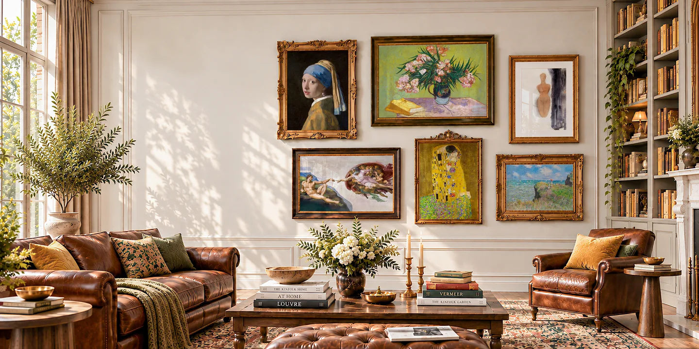 Six framed art prints arranged above a leather sofa in a warm living room with bookshelves.