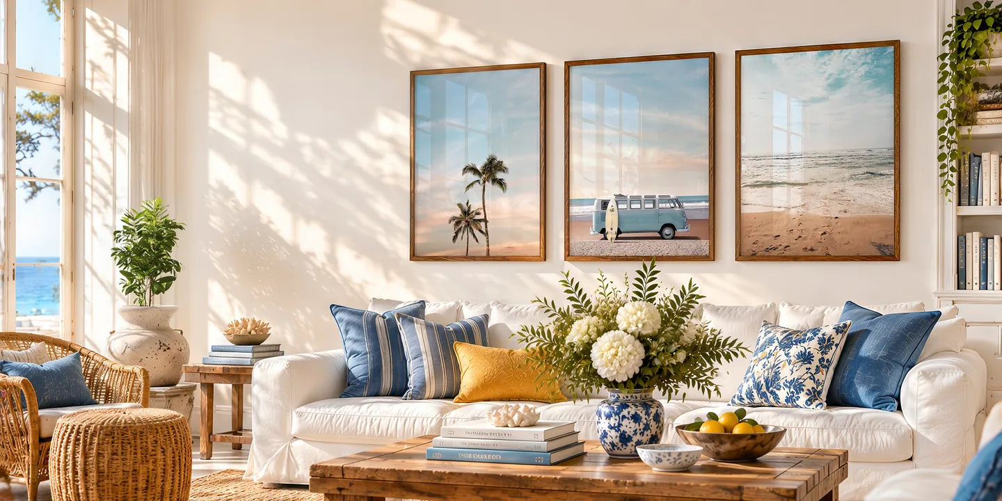 Three framed coastal photographs above a cream sofa with blue and yellow cushions.